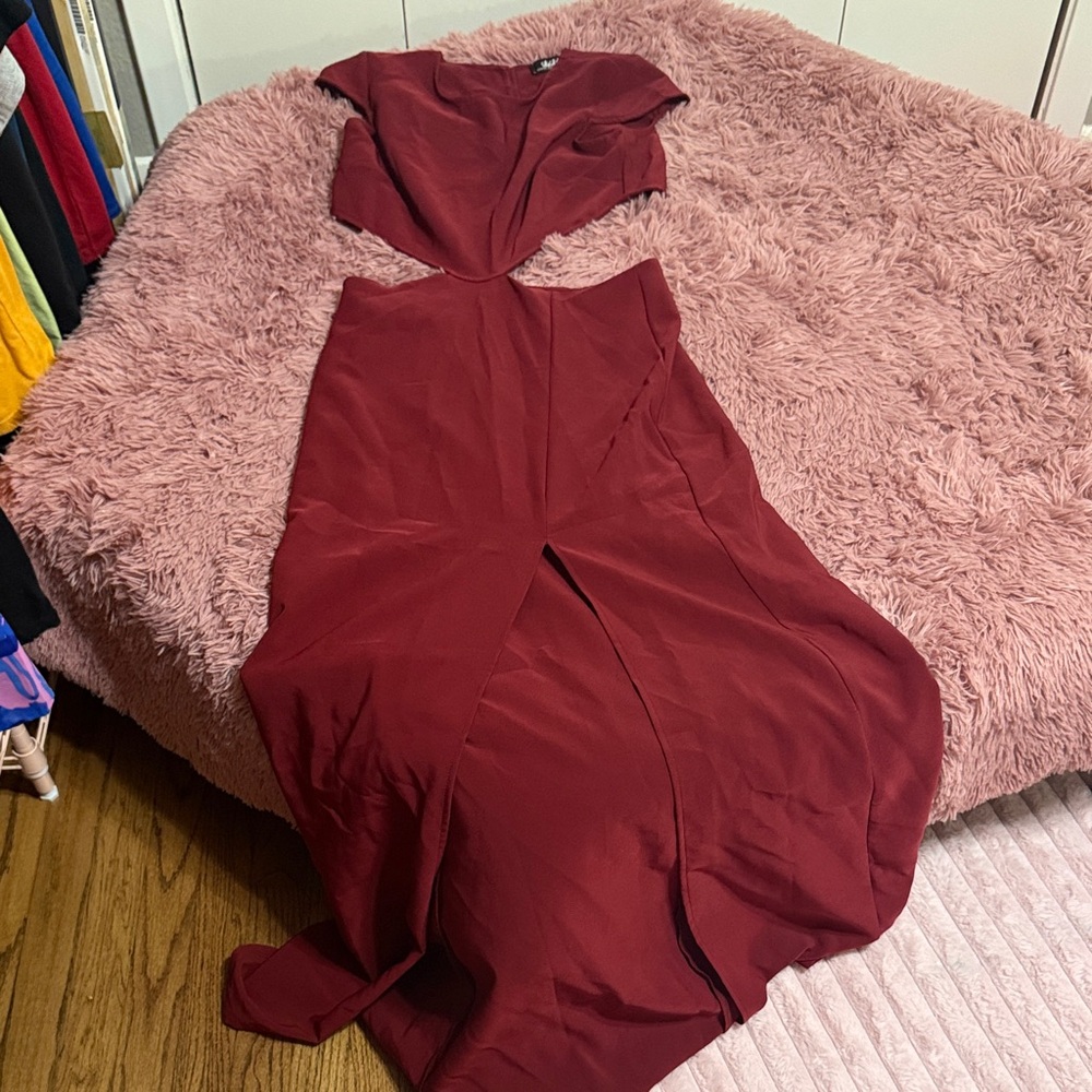 Lulu's Elegant Midriff Cap Sleeve High Side Slit Wine Dress